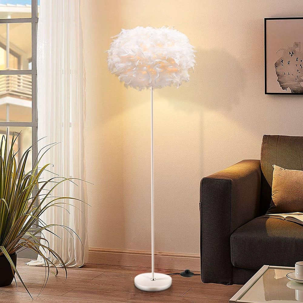 Feather Floor Lamps for Living Room, White Standing Lamp with Foot Switch