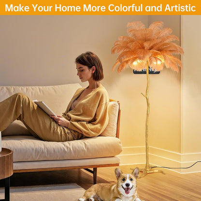 Large Feather Floor Lamp for Living Room, Long & Large Fluffy Ostrich Feathers Lamp, 3 Color Temperatures Modern Funky Tall Standing Lamp for Bedroom Inclued Bright E12 LED Bulbs (Brown)