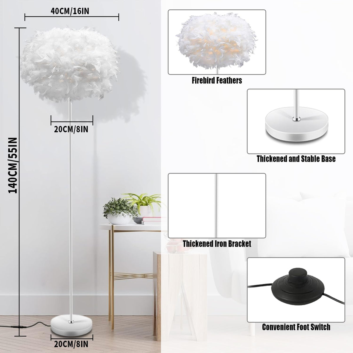 Feather Floor Lamps for Living Room, White Standing Lamp with Foot Switch