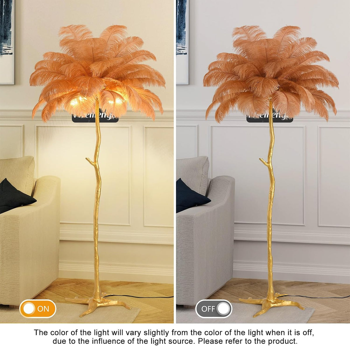 Large Feather Floor Lamp for Living Room, Long & Large Fluffy Ostrich Feathers Lamp, 3 Color Temperatures Modern Funky Tall Standing Lamp for Bedroom Inclued Bright E12 LED Bulbs (Brown)