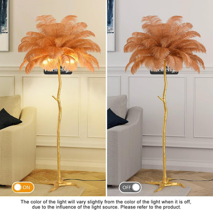 Large Feather Floor Lamp for Living Room, Long & Large Fluffy Ostrich Feathers Lamp, 3 Color Temperatures Modern Funky Tall Standing Lamp for Bedroom Inclued Bright E12 LED Bulbs (Brown)