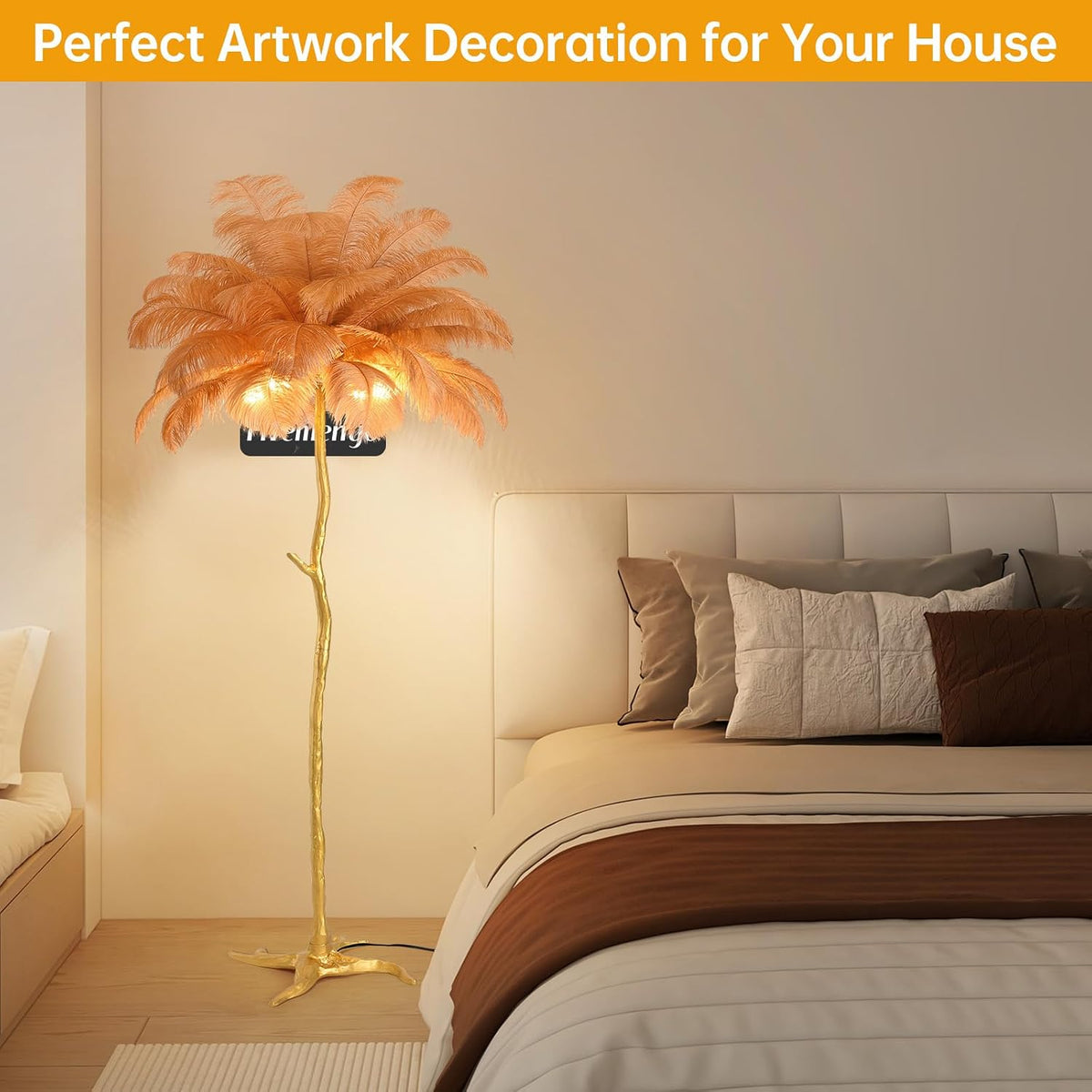 Large Feather Floor Lamp for Living Room, Long & Large Fluffy Ostrich Feathers Lamp, 3 Color Temperatures Modern Funky Tall Standing Lamp for Bedroom Inclued Bright E12 LED Bulbs (Brown)