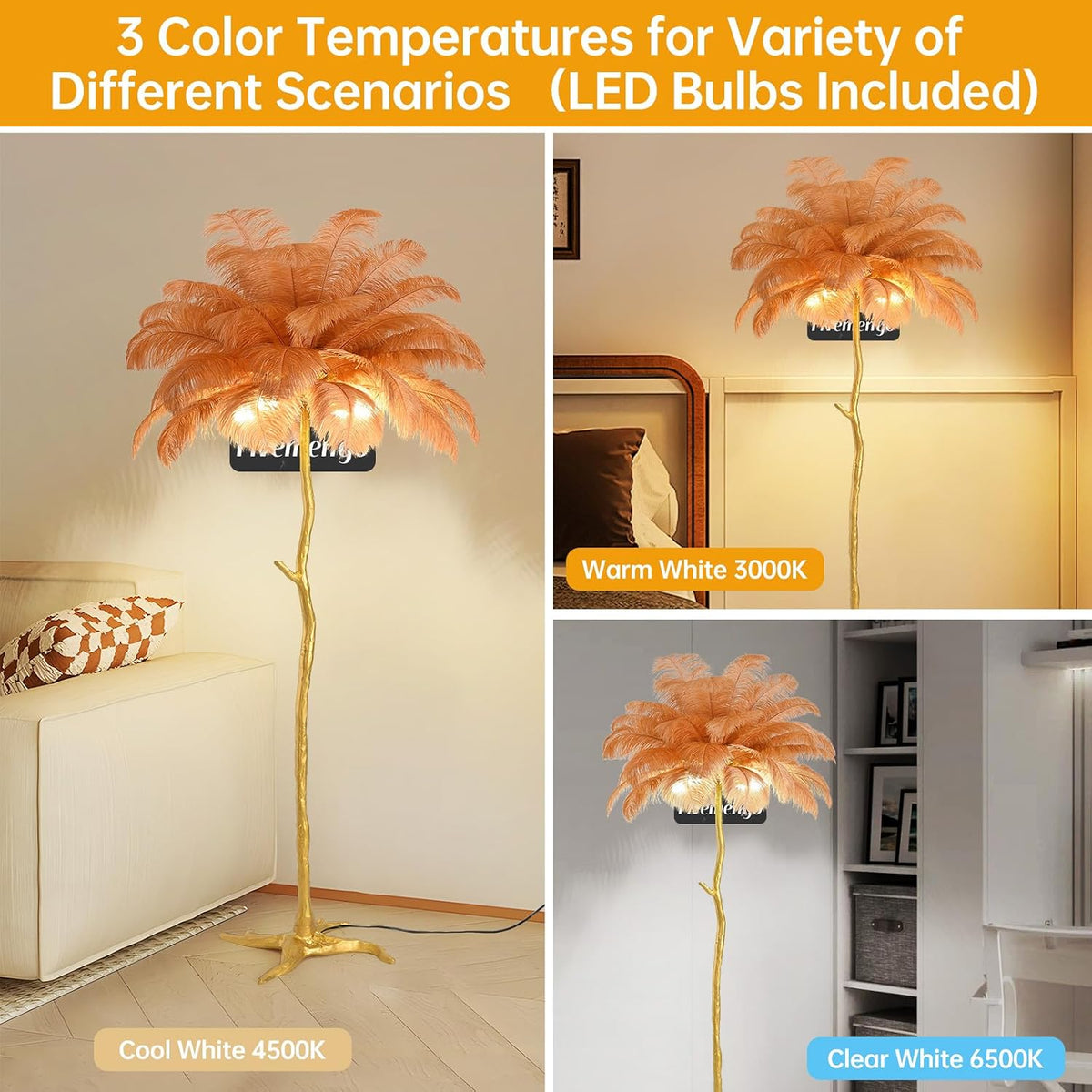 Large Feather Floor Lamp for Living Room, Long & Large Fluffy Ostrich Feathers Lamp, 3 Color Temperatures Modern Funky Tall Standing Lamp for Bedroom Inclued Bright E12 LED Bulbs (Brown)