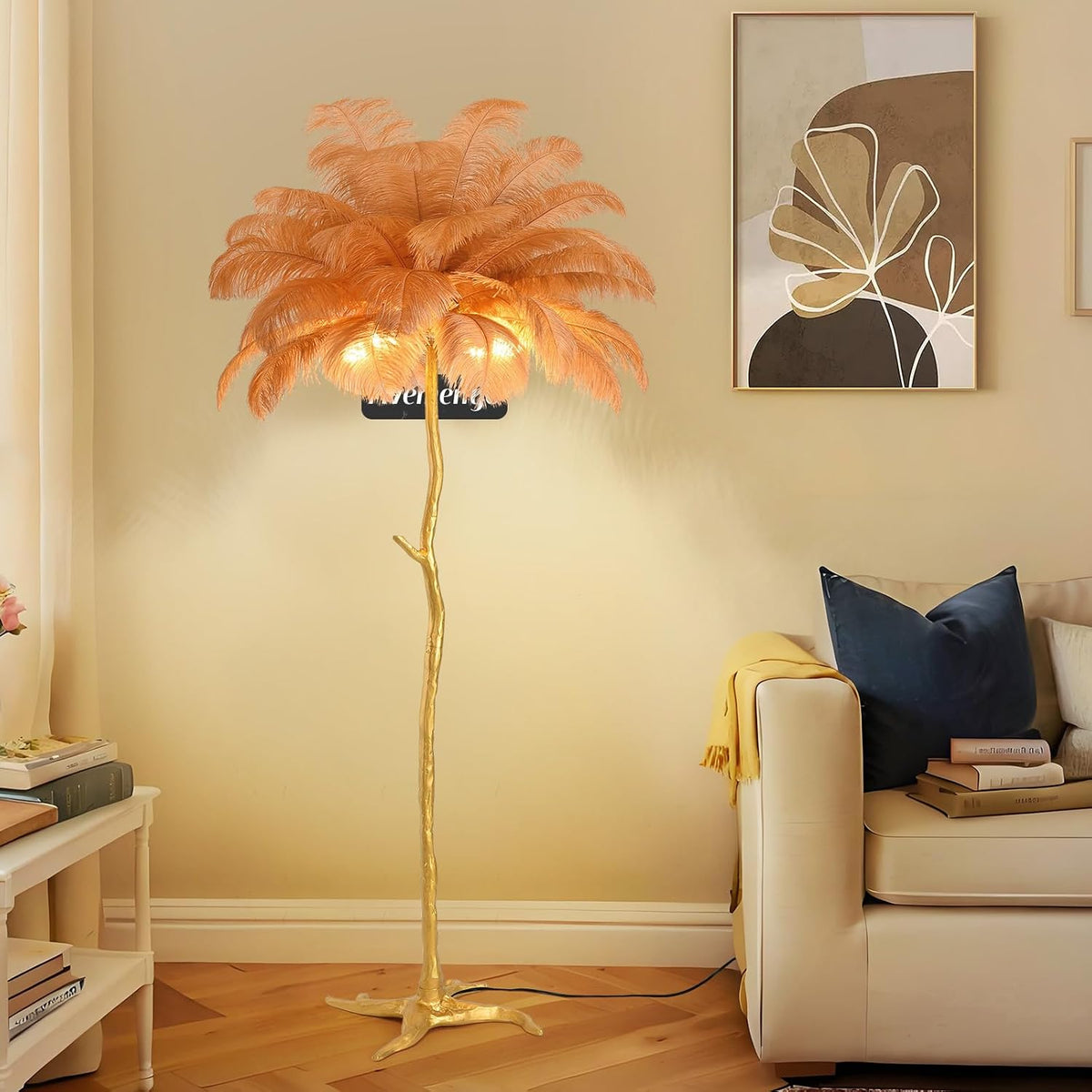 Large Feather Floor Lamp for Living Room, Long & Large Fluffy Ostrich Feathers Lamp, 3 Color Temperatures Modern Funky Tall Standing Lamp for Bedroom Inclued Bright E12 LED Bulbs (Brown)