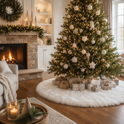 48 Inch White Faux Fur Christmas Tree Skirt, Luxury Plush Tree Base Cover for Holiday Party and Home Christmas Decor