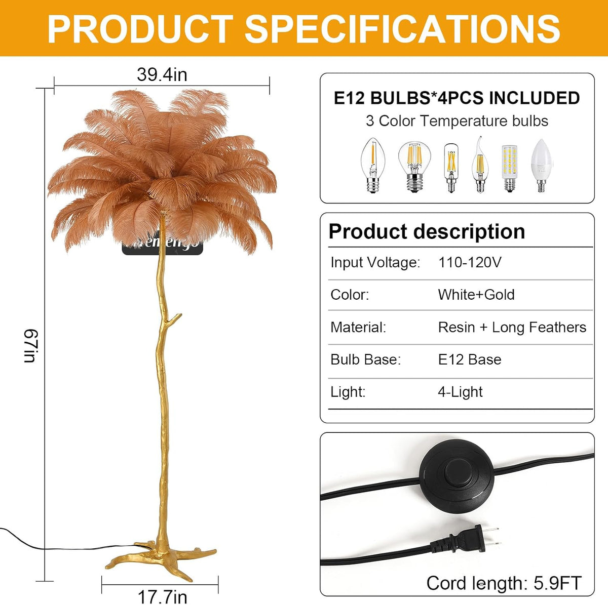 Large Feather Floor Lamp for Living Room, Long & Large Fluffy Ostrich Feathers Lamp, 3 Color Temperatures Modern Funky Tall Standing Lamp for Bedroom Inclued Bright E12 LED Bulbs (Brown)